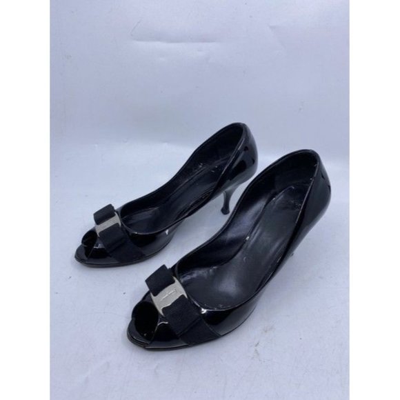 Salvatore Ferragamo Black Ribes Open Toe Bow Pumps Size Us - Picture 12 of 12